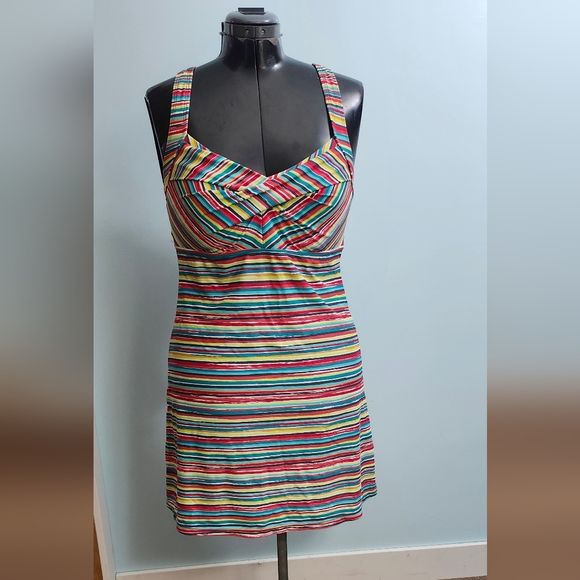 ATHLETA Colorful Candy Stripe Sweetheart Neck Stretch Nylon Mini Dress - Picture 3 of 8